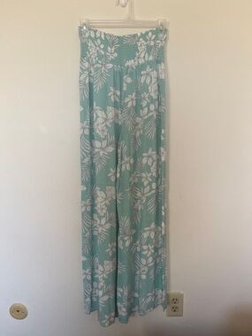Smocked Waist Tropical Flare Pant in Seafoam Green